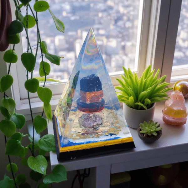 ORGONITE MEGA GUARDIÃ 30 CM | TURMALINA NEGRA | AMETISTA | FOLHAS DE OURO - Imagem 7