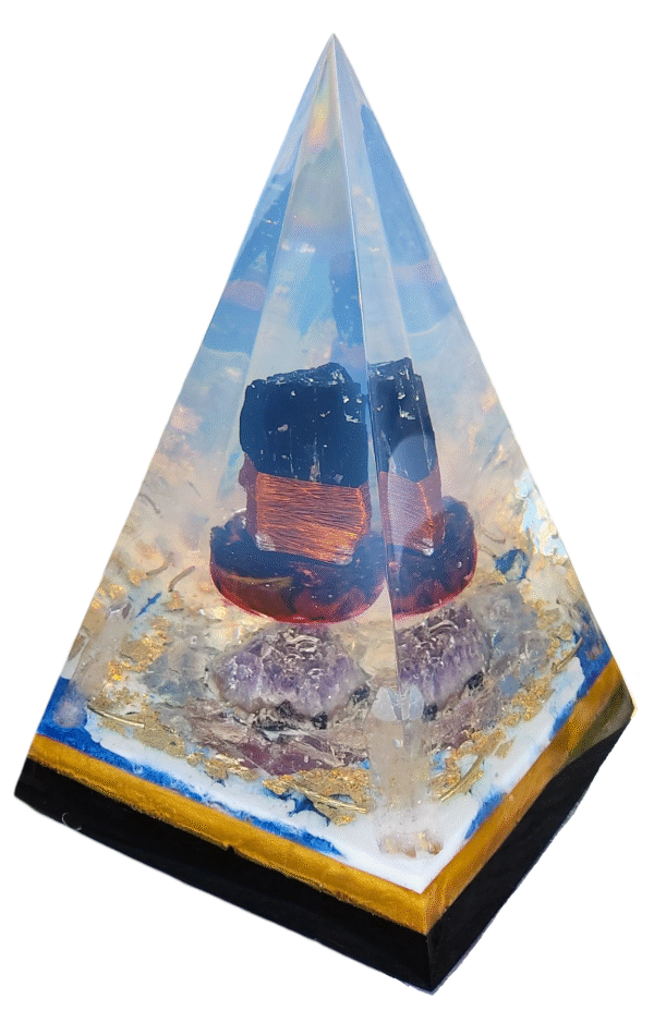 ORGONITE MEGA GUARDIÃ 30 CM | TURMALINA NEGRA | AMETISTA | FOLHAS DE OURO - Imagem 6
